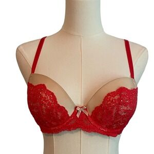 Victoria's Secret 34C Bra Red Dream Angels Lined Demi Buste Double Rhinestones
